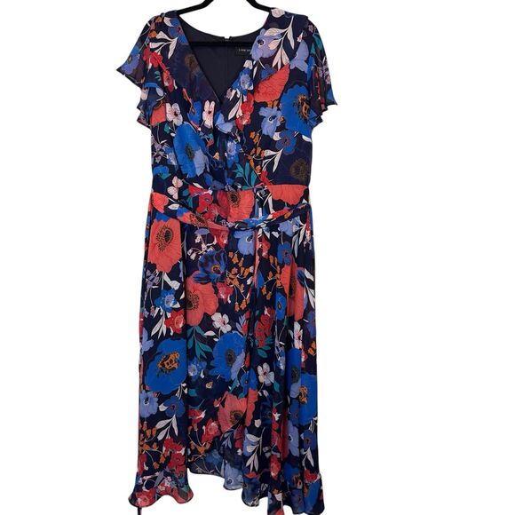 Lane Bryant Faux Wrap Midi Dress Navy Orange Ruffle Flutter Sleeve Size 16 - Picture 2 of 10